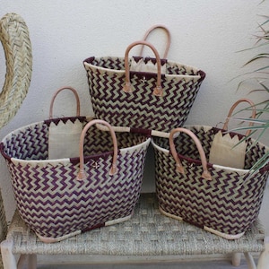 Prachtige draagtasmand - Smoke & Natural - 3 MATEN - handgeweven Madagascar - ideaal om te winkelen, markten, strand... raffia
