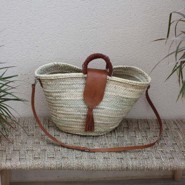 Beautiful basket with Leather Handles + Long Shoulder Strap - Tote bag markets race beach natural