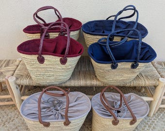 Set of 2 shopping baskets with African fabric pouch - MEDIUM + LARGE XXL - Straw bag Market tote Beach shopping basket Palm tree