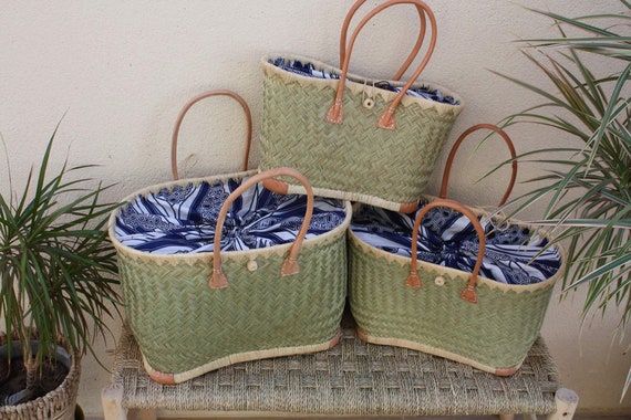 Afrikanischer Einkaufskorb aus Wachsstoff - XXL-Tasche mit langen Griffen - 3 Größen - ideal für Märkte, Einkaufen, den Strand... Bast, Palme, Schilf, Weide