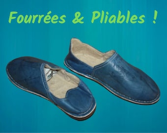 BABOUCHES BLEU FOURRÉES - Polaire & Cuir - Chaleur et Confort - 100% Artisanal - Homme / Femme - Du 38 au 45 -