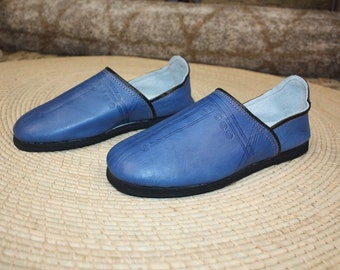 Babouches CUIR Bleu Jeans SEMELLES en PNEUS - Talons pliables - Couture "cousu retourné" - Homme & Femme - Du 40 au 45