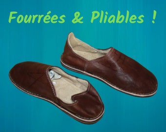 BABOUCHES MARRON FOURRÉES - Polaire & Cuir - Chaleur et Confort - 100% Artisanal - Homme / Femme - Du 38 au 45 -