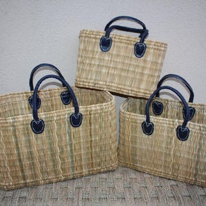 Natural & Blue Shopping Basket - Handmade in Rush - Wicker Rattan Market Bag - Moroccan Tote - 3 Sizes