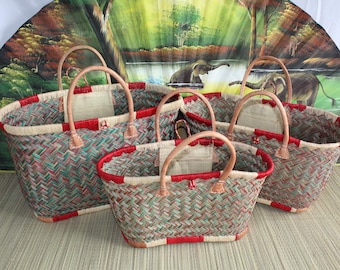 Shopping basket - Red & Green Tote Bag - 3 SIZES - hand-woven - markets, beach ...