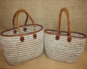 Large Basket LONG HANDLES 100% LEATHER - Straw Beach Bag Wicker Shopping Bag Rattan Market Basket -