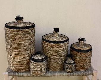 BLACK & NATURAL Berber Storage Basket - wicker rattan straw wool - MOROCCAN CRAFTS