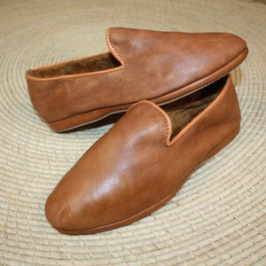 Chaussons CUIR Chaud & Confortable Marron Camel Talons pliables Couture cousu retourné Homme et Femme Du 35 au 45 image 1