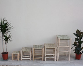 WOODEN Stool - HANDMADE - 5 Sizes - Handcrafted Palm Tree Rope Braiding