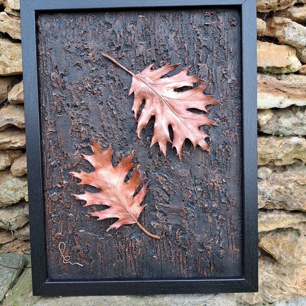 Wanddekoration „Eichenblatt“ aus Kupfer, galvanisiert, dreidimensionale botanische Kunst, Naturmotiv, Metallskulptur, handgefertigtes Geschenk, 30 x 40 cm