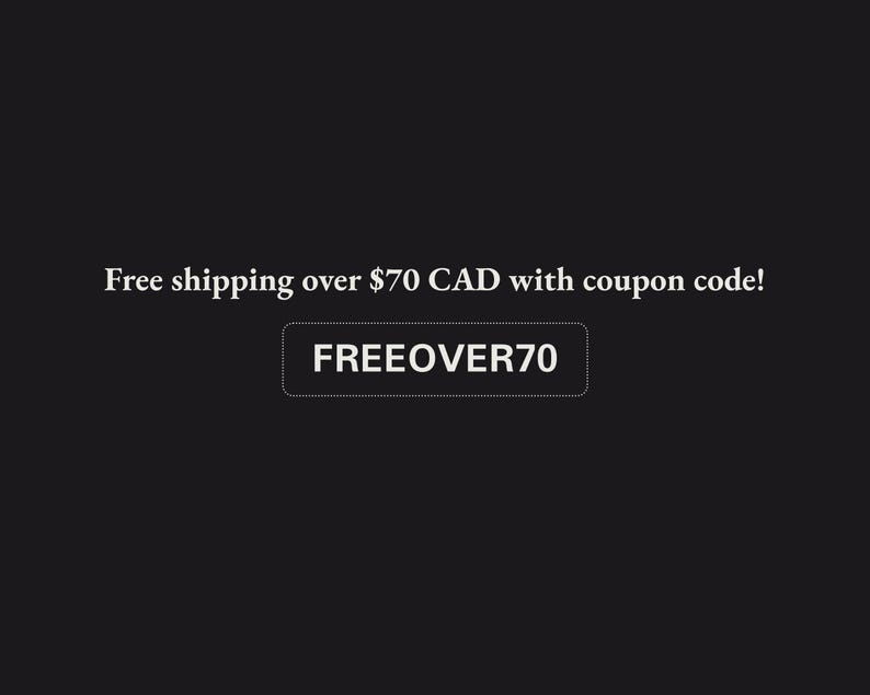 May include: A black graphic with white text that reads Free shipping over $70 CAD with coupon code! and a rectangular box containing the text FREEOVER70. The design is centered on a solid black background, presenting clear white typography.