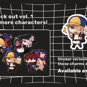 May include: A collection of anime-style character charms and stickers featuring various figures with creatures. Text reads: Check out vol. 1 for more characters! and Sticker versions of these charms are Available as well! The designs include chibi-style characters.