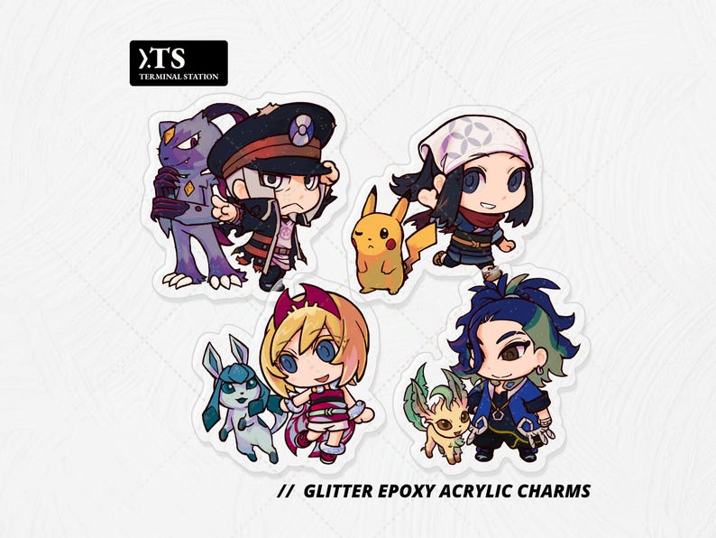 May include: Four glitter epoxy acrylic charms featuring chibi-style anime characters and creatures. The designs include a purple creature with a dark-hatted figure, a yellow electric mouse with a person, a blue creature with a blonde character, and a green creature with a dark-haired character. Text reads TS TERMINAL STATION and GLITTER EPOXY ACRYLIC CHARMS.