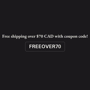 May include: A black graphic with white text that reads Free shipping over $70 CAD with coupon code! and a rectangular box containing the text FREEOVER70. The design is centered on a solid black background, presenting clear white typography.