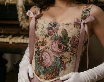 Reversible Fairy Corset Top: Renaissance Style, Floral Jacquard and Denim
