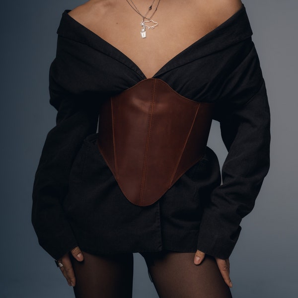 Renaissance brown corset, plus size corset top, handmade waist corset, vintage leather bustier, underbust black corset, bodysuit belt corset