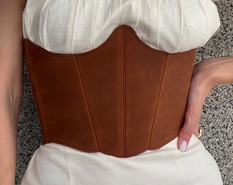 Leather underbust corset belt, renaissance plus size corset, brown corset, leather lingerie, lace up handmade corset, custom made corset