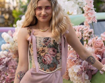 Renaissance Korsett Wende Top aus Floralem Jacquard und Denim
