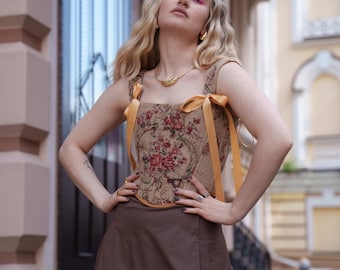 Reversible Renaissance Corset Top - Floral Jacquard and Denim Sides