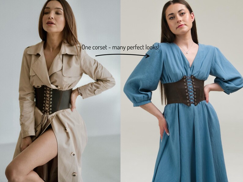 a woman in a blue dress and a woman in a trench coat