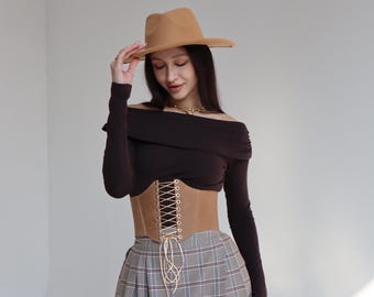 Brown Leather Underbust Corset Belt, Victorian Renaissance Top