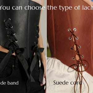 two different types of corsets, one with a wide band and the other with a suede cord. The corsets are shown side by side, allowing the viewer to compare the differences between the two styles.