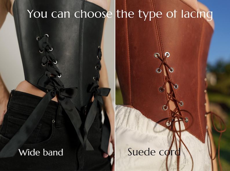 two different types of corsets, one with a wide band and the other with a suede cord. The corsets are shown side by side, allowing the viewer to compare the differences between the two styles.
