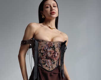 Renaissance corset body with maxi skirt, double-side cottagecore waist corset top, vintage overbust corset, ren faire corset