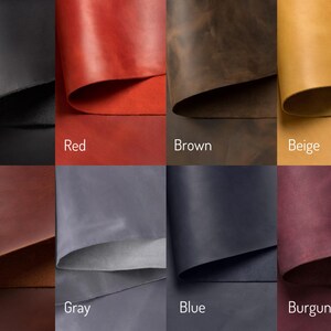 The image is a collage of eight different colored leather samples, each labeled with a color name such as Black, Red, Brown, Beige, Cognac, Gray, Blue, and Burgundy.