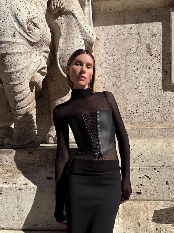 Black Leather Corset Top, Plus Size, Western Bodice