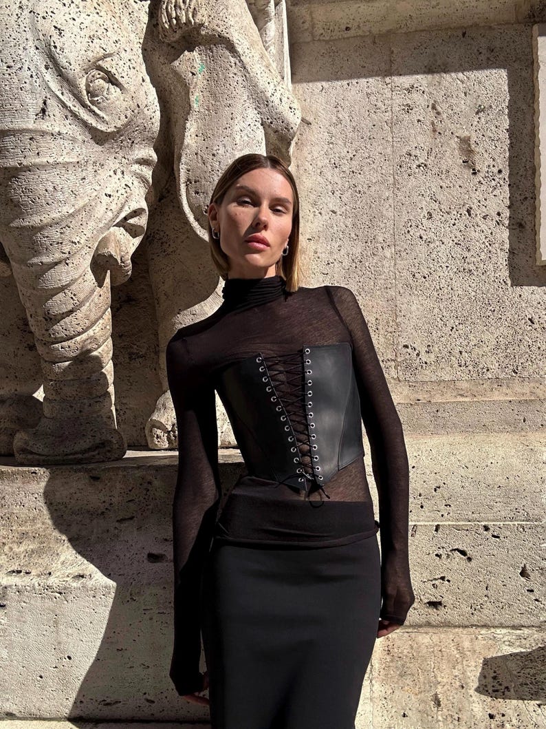 Black Corset top, leather western corset bodice, plus size fantasy corset, wide corset belt, stays corset dress, ren fair corset