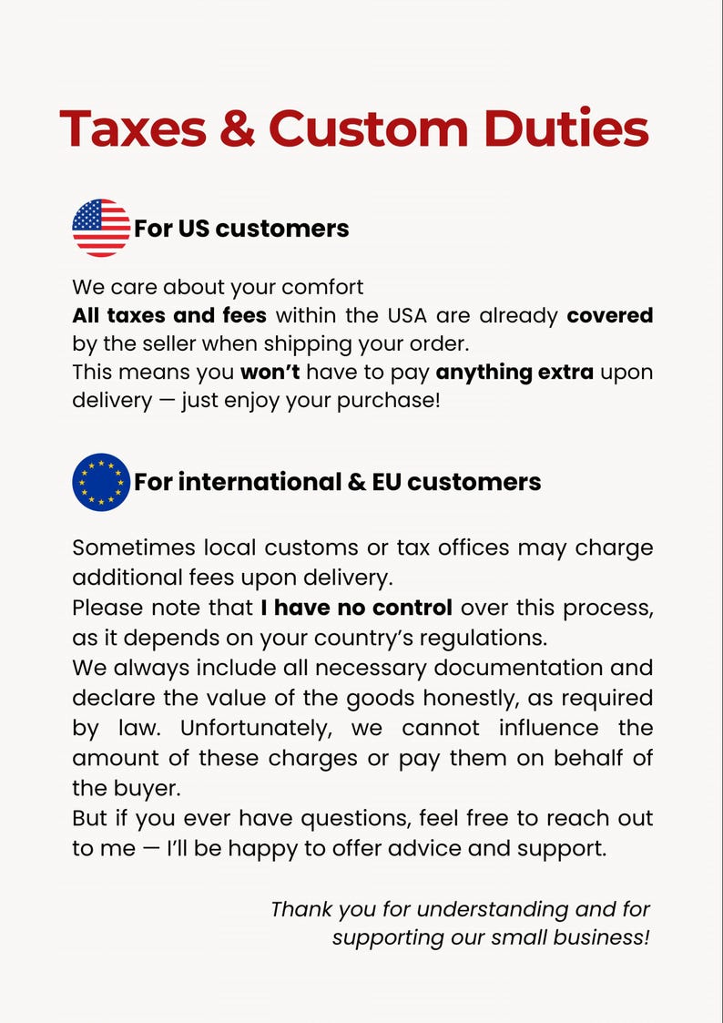 The image is a text-based collage that provides information about taxes and customs duties for international and US customers.