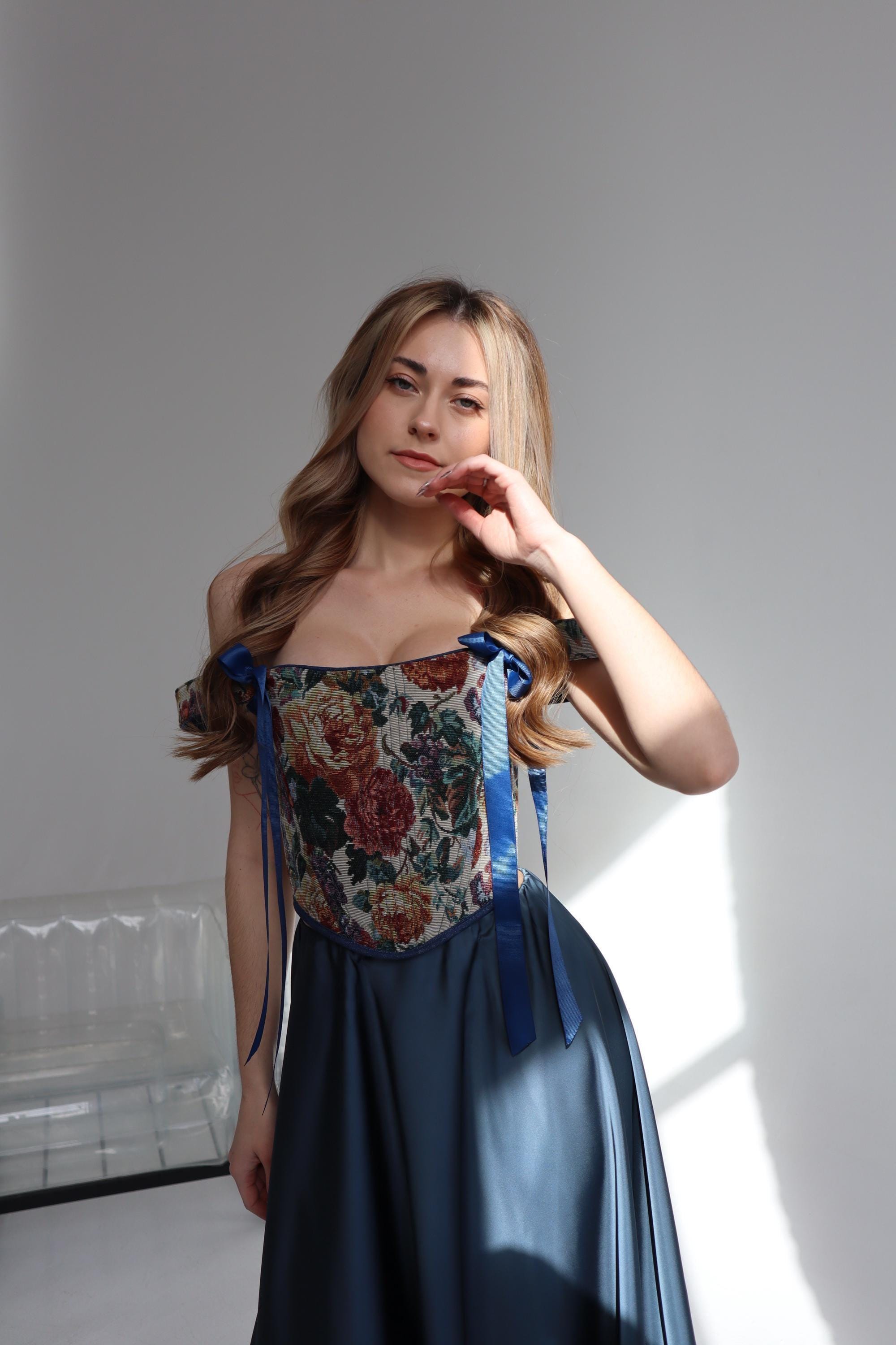 Ren faire renaissance corset, satin maxi skirt, double-side cottagecore waist corset top, overbust corset body, plus size corset dress