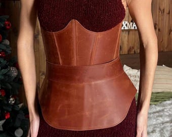 Leather peplum belt & underbust corset set, plus size corset belt skirt, waist peplum belt, leather obi belt, renaissance stays corset