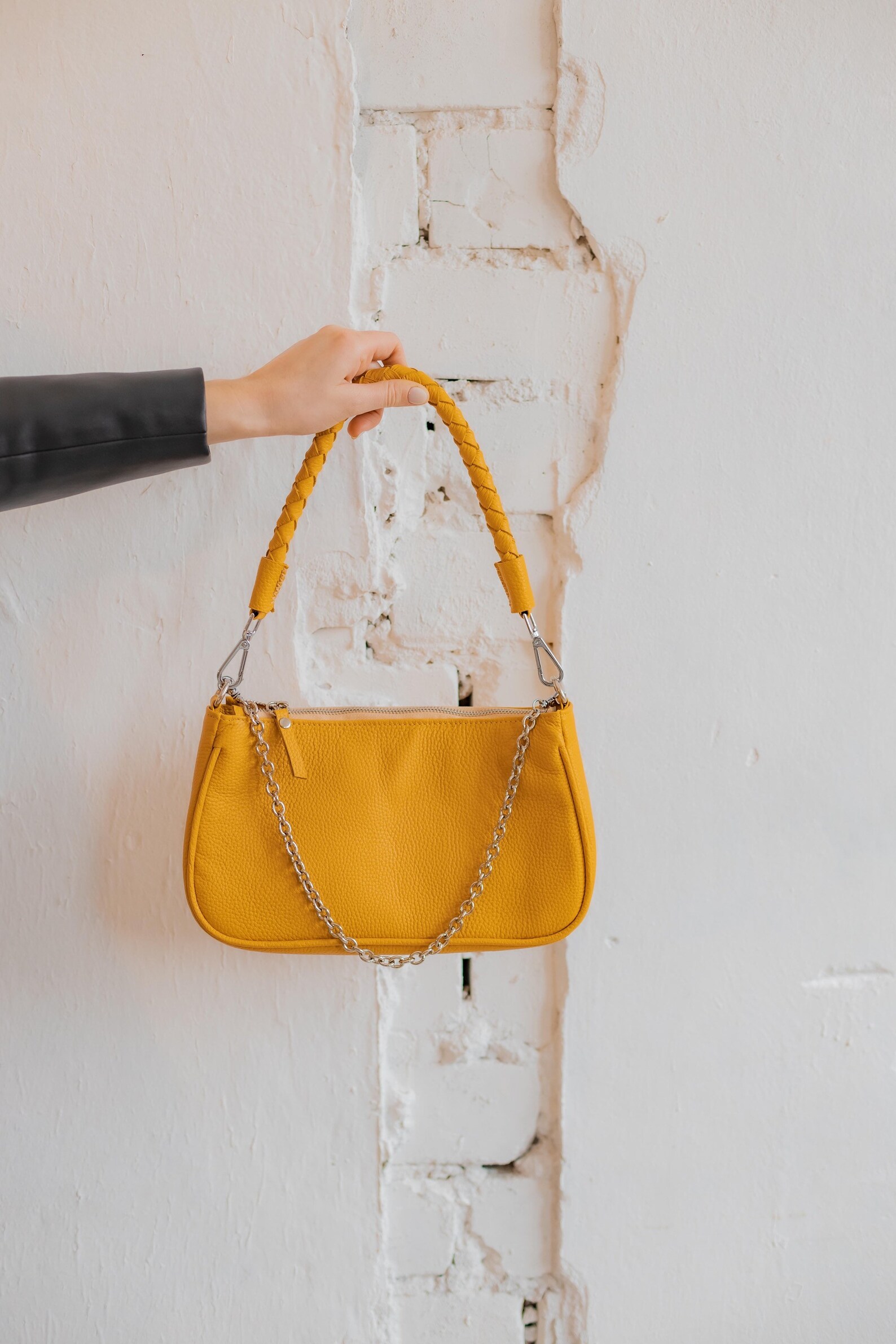Yellow leather crossbody bag for women Cross body baguette Etsy