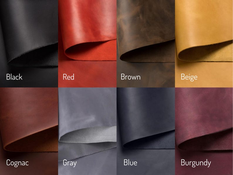 The image is a collage of eight different colored leather samples, each labeled with a color name such as Black, Red, Brown, Beige, Cognac, Gray, Blue, and Burgundy.