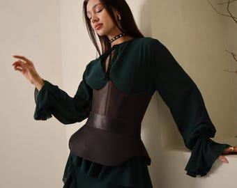 Peplum belt & underbust corset leather set, plus size waist corset belt, peplum skirt, leather obi belt, renaissance stays corset