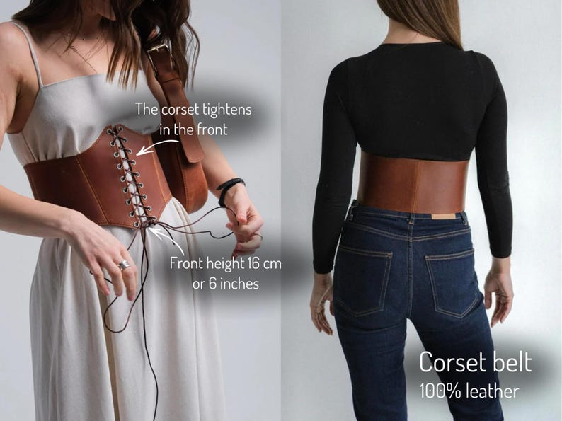 two different views of a corset belt. On the left, a woman is wearing a white dress and adjusting the corset belt, which is described as "The corset tightens in the front" and "Front height 16 cm or 6 inches". On the right, the same woman is wearing a black top and jeans, with the corset belt described as "Corset belt 100% leather".