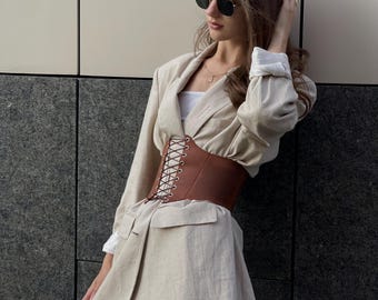 Brown Leather Underbust Corset Belt, Victorian Waist Cincher