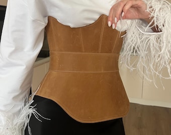 Leather peplum belt & underbust corset set, plus size corset belt skirt, waist peplum belt, leather obi belt, renaissance stays corset