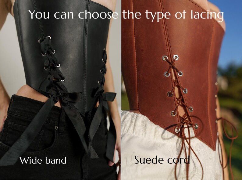 two different types of corsets, one with a wide band and the other with a suede cord. The corsets are shown side by side, allowing the viewer to compare the differences between the two styles.