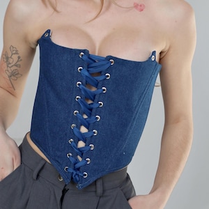 Double-sided denim corset top, cottagecore waist corset body, plus size vintage overbust corset, ren faire corset, boned Renaissance corset