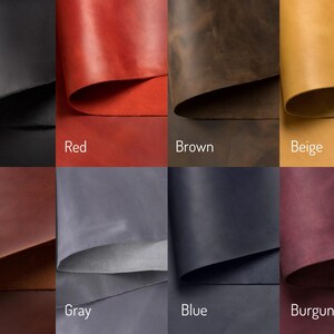 The image is a collage of eight different colored leather samples, each labeled with a color name such as Black, Red, Brown, Beige, Cognac, Gray, Blue, and Burgundy.