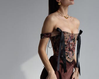 Boned Renaissance Corset: Reversible Overbust Top (Floral Jacquard & Denim)