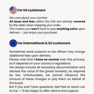 The image is a text-based collage that provides information about taxes and customs duties for international and US customers.