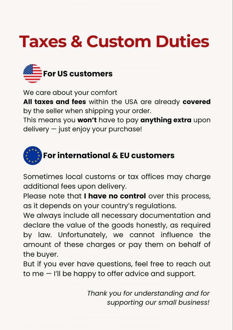 The image is a text-based collage that provides information about taxes and customs duties for international and US customers.