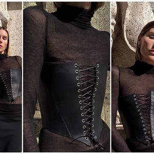 A collage of three images featuring a woman wearing a black corset with lace-up detailing.