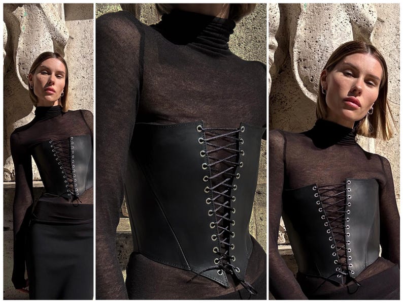 A collage of three images featuring a woman wearing a black corset with lace-up detailing.