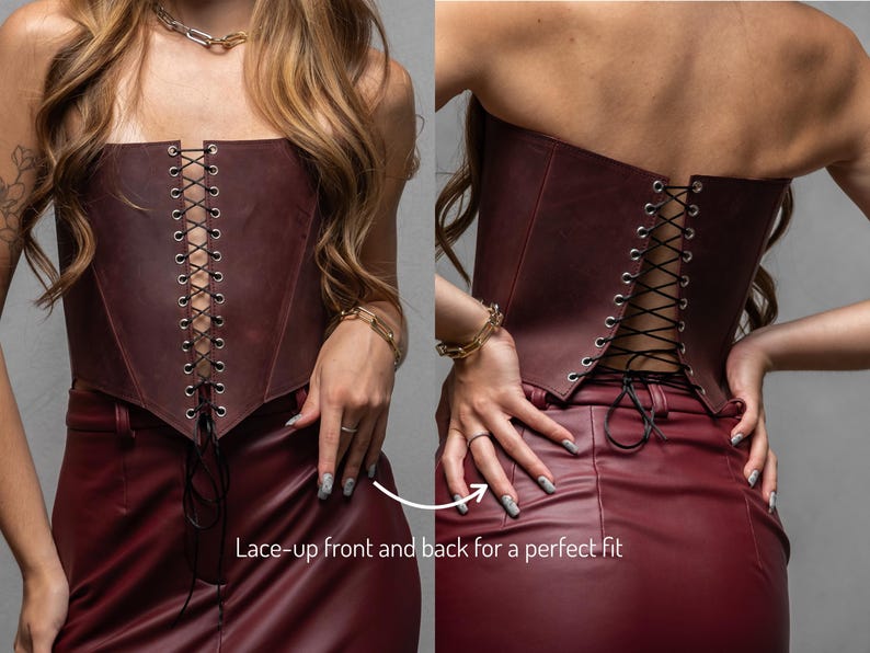a woman wearing a leather corset with her hands on her hips