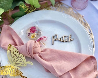 May include: A white plate with a pink napkin, a gold butterfly, a pressed flower lollipop, and a wooden name card that says "Patch".